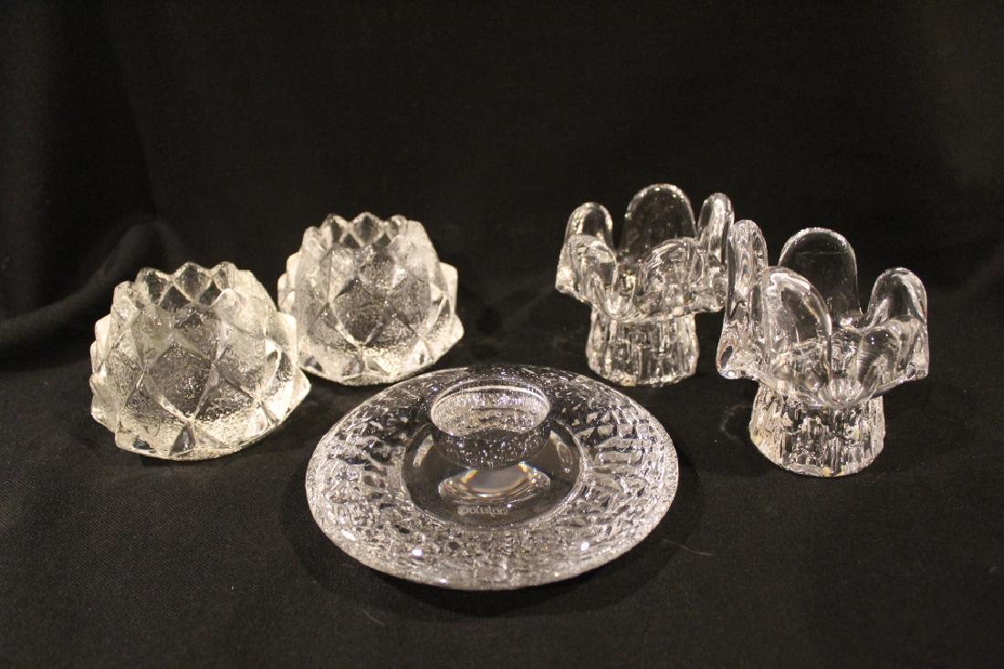 Kosta Boda & Orrefors Candle Holders: (1) Pair Kosta Boda Sunflower candle holders by Goran Warff, 3.75"" H. (2) Pair Orrefors Artichoke candle holders, 2.75"" H. (3) Orrefors Discus candle holder by Lars Hellsten, 5.5"" dia. All excellen