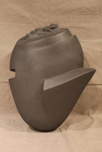 Juan Granados Ceramic Sculpture: ""Scenic Route #3"", circa 2000. Matte gunmetal metallic glaze. Incised signature and original gallery card to reverse. 18"" x 13"" x 5"" D approx