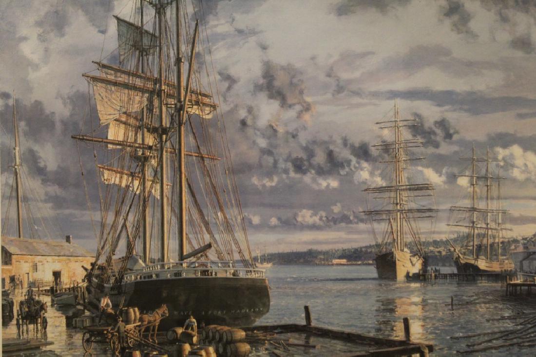 John Stobart Pencil Signed Print: "Seattle: A View Looking North from Yesler’s Wharf c. 1880". Pencil signed and numbered 206/ 950. The Edgartown Art Gallery, Edgartown Mass., label to reverse. Professionally framed. 23" x 33" mat o
