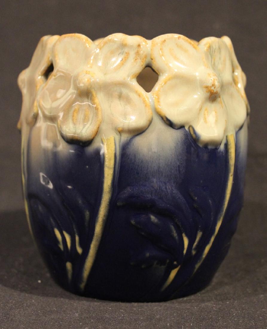 Michael Andersen Denmark Art Nouveau Pottery Vase: Dark blue gloss glaze with drip glaze to flowers. Bornholm, Denmark, circa 1910's- 1920's. Stamped M A S DENMARK (Michael Andersen and Son). Excellent condition. 5" H approx.