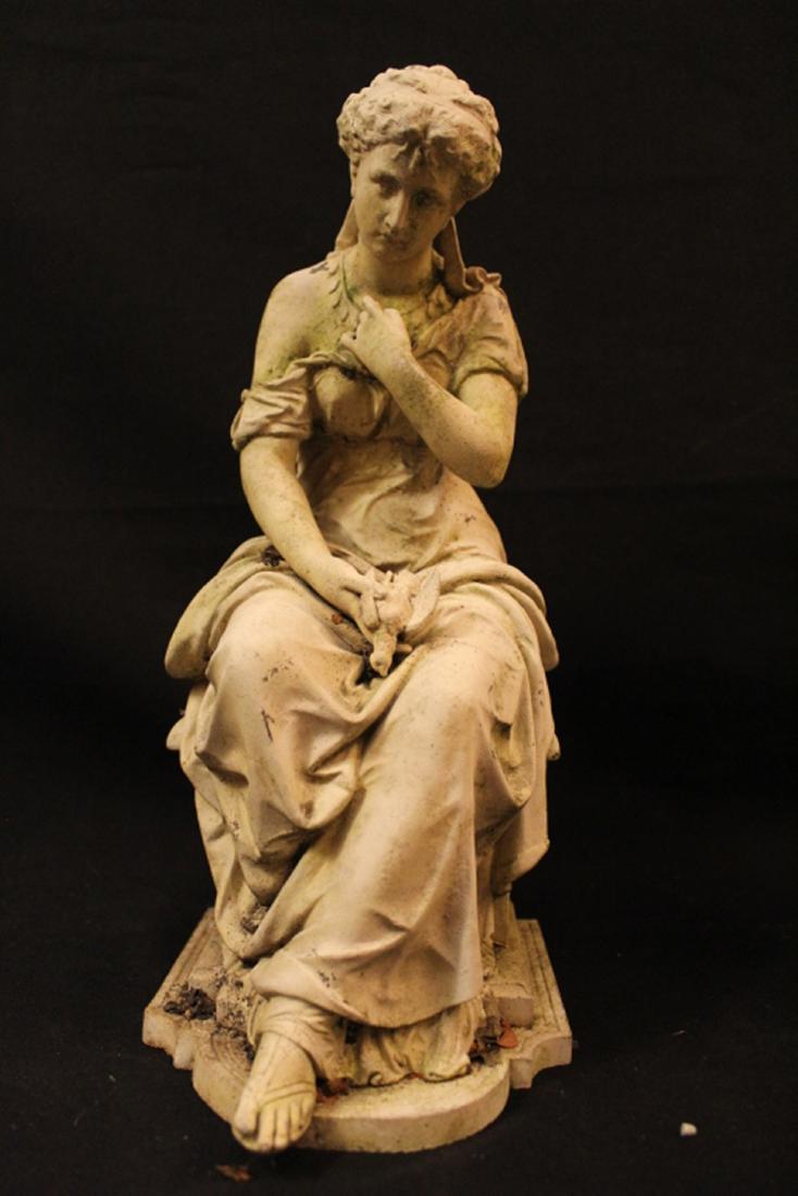 Eutrope Bouret (1833-1906) Antique Spelter Statue: Classical style seated woman holding a small dead bird. "BOURET" cast to garden seat. Old white painted finish with outdoor weathered surface patina. Excellent condition with no apparent damage. 19th