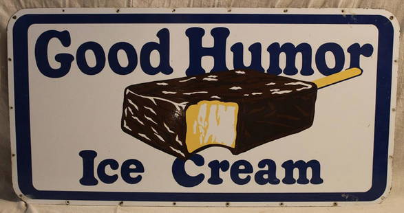 Good Humor Porcelain Metal Advertising Sign: Vintage Good Humor Porcelain Metal Advertising Sign "Good Humor Ice Cream". Image of an ice cream bar with blue lettering on a white background. Very good condition with no major damage. Normal signs