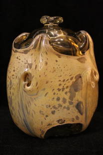 Michael Robinson Two Rivers Art Glass Vase: Bottle form vase with etched "robin tworivers" signature and '73 date. Robinson (1948-2010) was a Canadian Metis artist, printmaker and glass blower. Excellent condition. 5.5" H approx.
