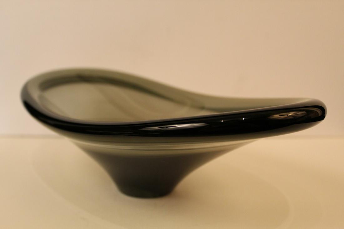 Vintage Holmegaard Per Lutkin Style Glass Bowl: Heavy smoke grey hand blown glass. No apparent signature or mark. Very good condition with tiny flea bite nick at foot. Mid 20th C. 13.25" x 7" x 4.25" H approx.
