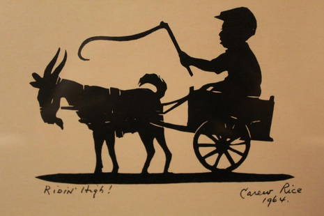 Carew Rice (1899-1971) Silhouette Print: "Ridin' High!". Print of boy in goat cart. Titled, signed, and dated 1964 below image. 5.5" x 7.75" mat opening; 11.5" x 9.75" frame.