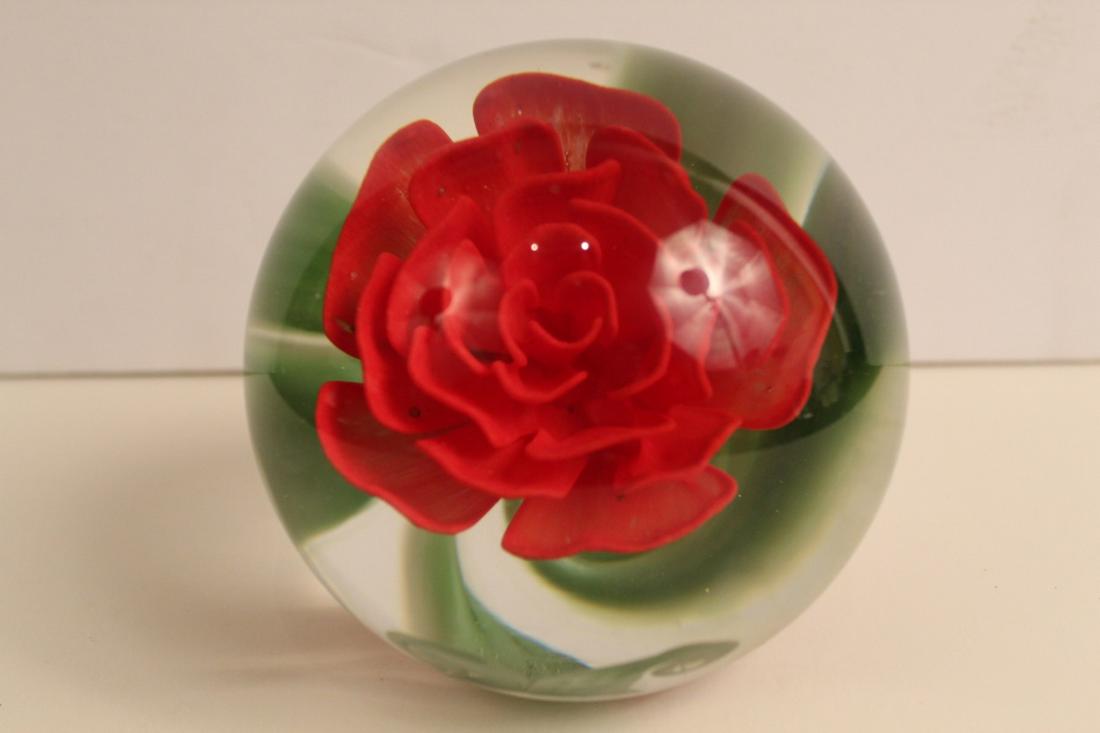 Greg Engelsby (1947-2013) Art Glass Paperweight: Clear glass with interior red flower and green leaves. Etched signature with 2001 (possibly 2011) date. Excellent condition. 4.5" dia. approx.