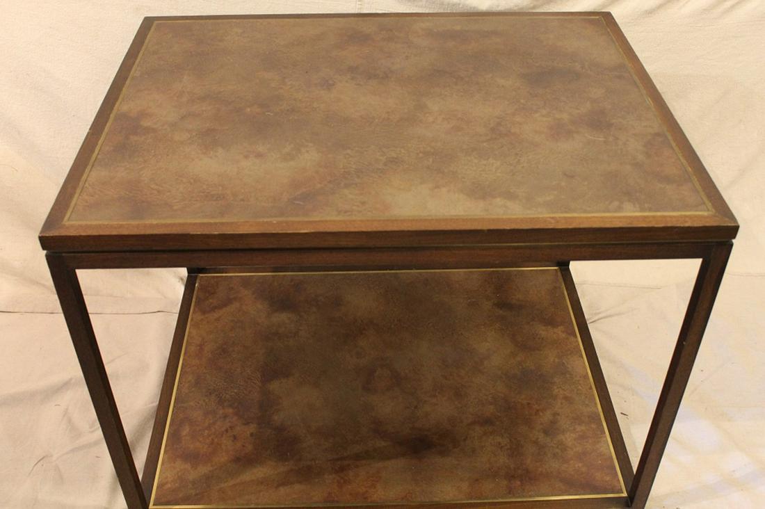 Harry Lunstead Two Tier Side Table: Solid mahogany frame with inset patinated brass panel. Vey good condition.36" x 27.75" x 26.25" H