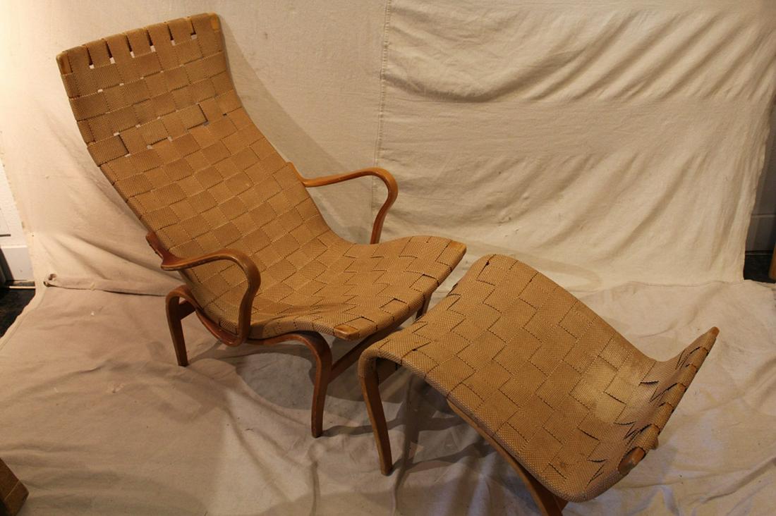 Bruno Mathsson Lounge Chair Karl Mathsson: Karl Mathsson Sweden stamps to both. Circa 1950's. Chair 36.5" H x 25.5" W approx.; stool 16" H x 20" W approx.