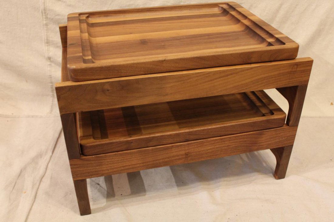 BassamFellows Tray Rack Side Table: Tray Rack Series. Solid walnut construction with patinated brass tray supports. Two removable 22" x 16.5" trays. All pieces with laser cut brands. Excellent condition. 24.75" W x 17" D x 17.25" H