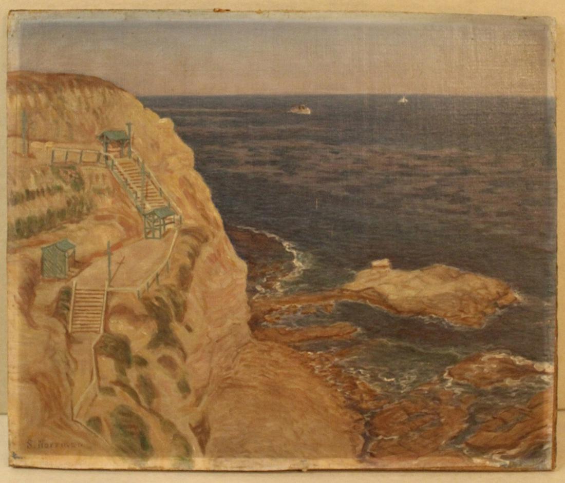 Early 20th C Oil on Canvas California Coast: Rocky sea cliff with staircase and small bench shelters. Canvas applied to wood panel. Signed S. Norrman lower right. Good condition. 10.25" x 12.5" unframed.