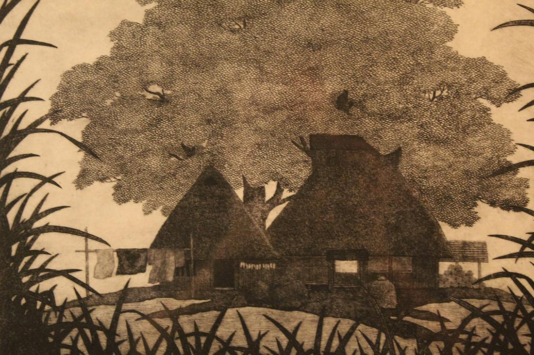 Etching Japanese Country Home by T. Ryobei: 1969 framed T. Ryobei etching of Japanese country home. Print 19 in and edition of 100. Print in good overall condition with light toning and spots of discoloration in the margins where attached to th