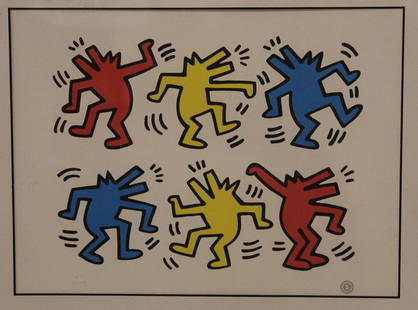 Keith Haring Official Framed Offset Lithograph: "Dancing Dogs". Framed with black painted wood frame with white curved line details. "Authorized by the Keith Haring Estate" printed seal lower right. Printed on slightly textured paper. Print in good