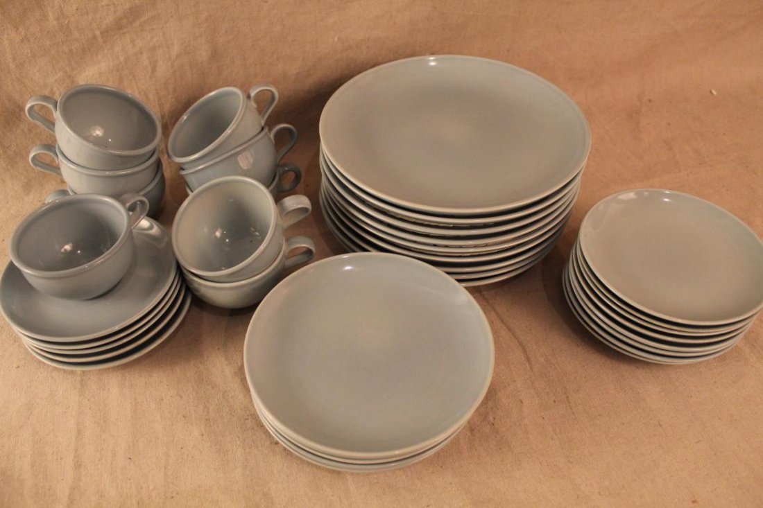Russel Wright Iroquois Casual Ice Blue Dinnerware: Includes 9 dinner plates, 6 salad plates, 8 bread plates, 9 cups, and 5 saucers. All in excellent condition from near new to various signs of use.