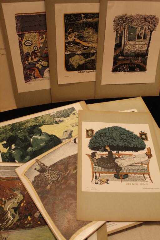 Reinhold Max Eichler Portfolio Art Nouveau Prints: Portfolio of 9 (originally 12) Art Nouveau prints by Reinhold Max Eichler. Produced by the Munich "Verlag Der 'Jugend' ". Prints are in good condition with some repaired tear and wear to portfolio. Po