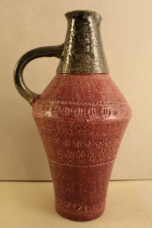 Large Vintage Bitossi Italy Ceramic Ewer: Large purple and dark gray ceramic Bitossi Italy ewer; lot includes cream colored square vase. Ewer is in very good condtion with one small nick at center; square vase chips.Ewer dimension approximate