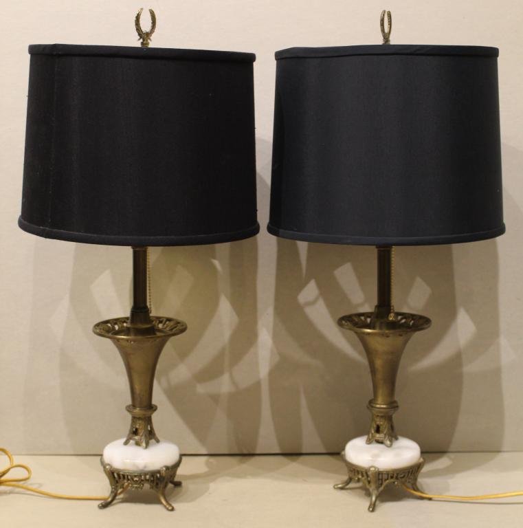 Pair Vintage Marble & Metal Lamps: Matched pair. Recently rewired with pull chains and silk covered cords. Matching sized black fabric shades (slightly different fabric) with gold paper interiors. Circa 1930's. 23.5" H.