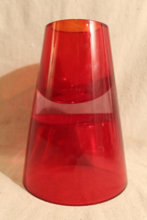 Vintage Murano / Scandinavian Red Glass Vase: Double side vase in conical form. Clear glass over red upper and lower sections. No apparent signature or mark. Excellent condition. 9 3/8" H x 6 3/4" dia. x 3 3/4" dia.