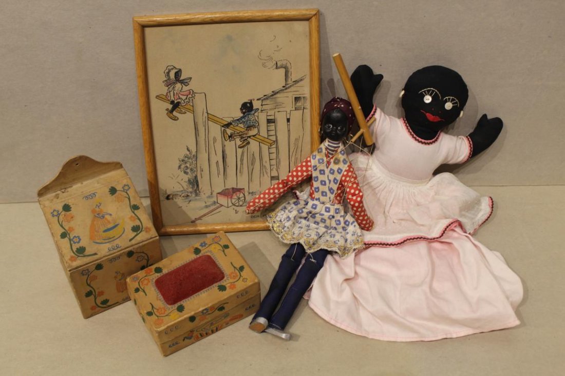 Collection of Vintage Black Americana Items: (1) Hand made rag doll cosy cover. (2) Hand made marionette puppet. (3) Hand colored print, 11.75" x 9.25". (4) Lot includes vintage Old Spice advertising bath salt and sew kit boxes (age wear, etc.).