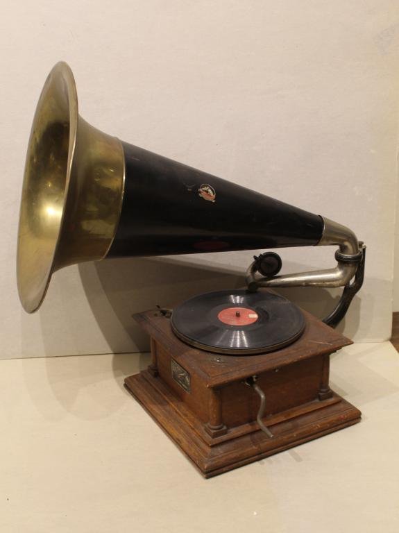 Victor Talking Machine Type M S Antique Victrola: Victor Talking Machine Type M S antique Victrola. Victrola is in fair condition with some missing stylus, dents to speaker cone, scratch to wooden case. Dimension of base 13 1/2"W x 13 1/2"D x 7"H; sp