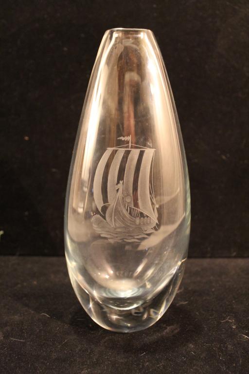 1957 Scandinavian Glass Etched Viking Ship Vase: Clear glass with slight blue tint. Viking ship with figures to front; etched 1957 date to reverse side. Possibly Orrefors. Excellent condition with two light scuff scratches to back side. 9.75" H.