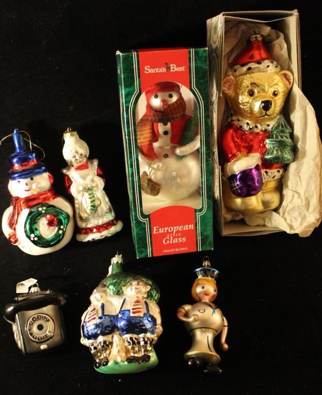 Collection Large Glass Christmas Ornaments: Includes Old World Christmas 9" teddy bear (hot glue repair to cap), Tweedle Dee & Tweedle Dum 6", Snowman 7", Mrs. Claus 6.5", Hand blown sailor 6.5", Santa's Best hand blown snowman in box, and Germ