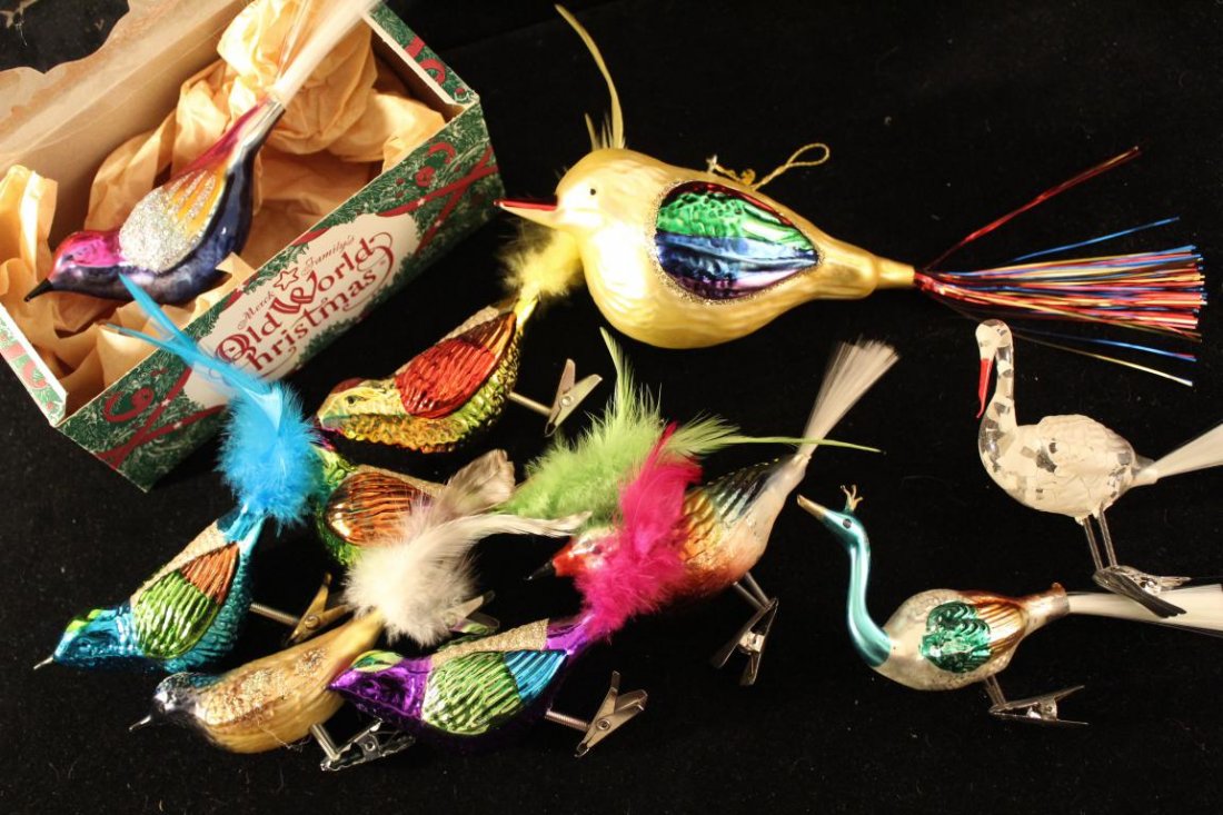 Mercury Glass Bird Christmas Tree Ornaments: Includes Old World Christmas clip bird with box, large hanging bird (6" w/o tail), peacock, stork, song bird, and 5 birds with feather tails. Various ages.
