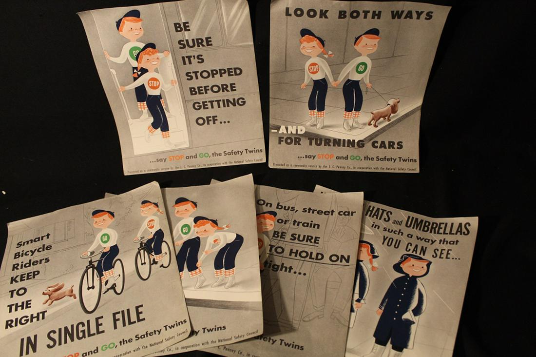6 National Safety Council Posters: 6 posters published b J.C. Penney for the National Safety Council., featuring Stop and Go, the Safety Twins. Excellent condition. 14" x 11" each.