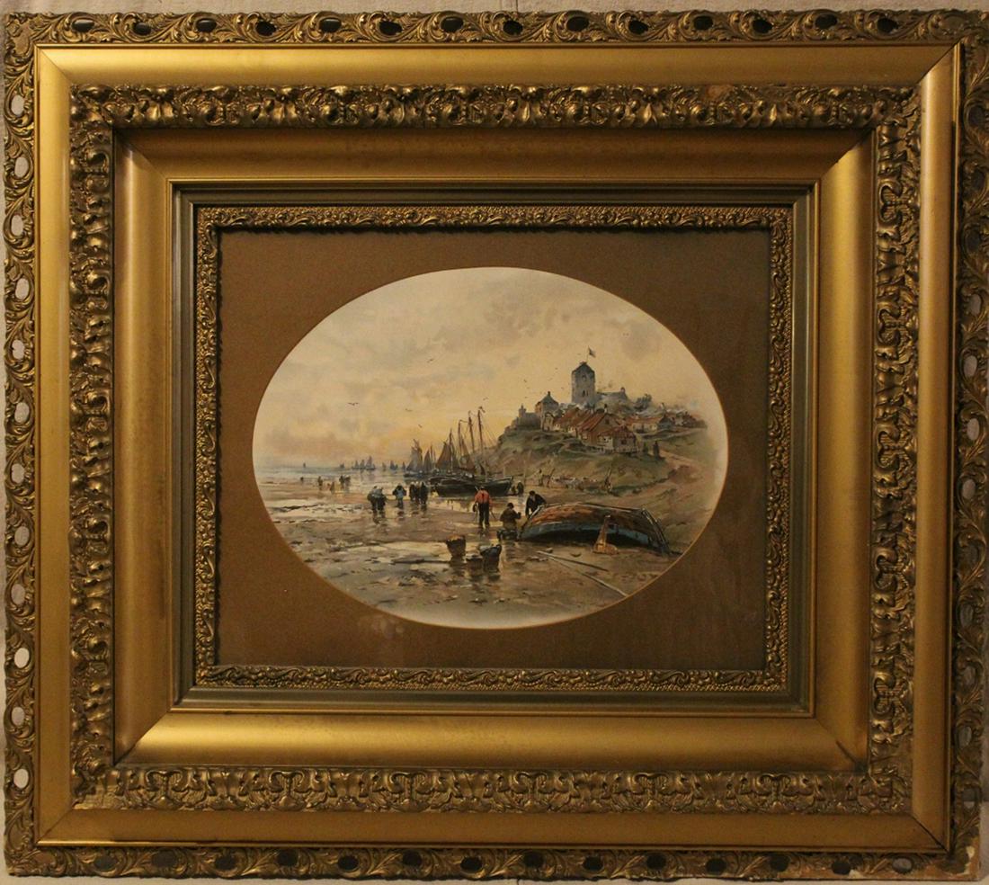 Antique Gilt Frame with Lithograph Print: Antique lithograph watercolor style print of fishermen and boats on shore. Wide 7" W cove molding with applied plaster trim. Minor corner losses, aging, etc. Late 19th C. 16 1/8" x 20 1/8" opening; 30