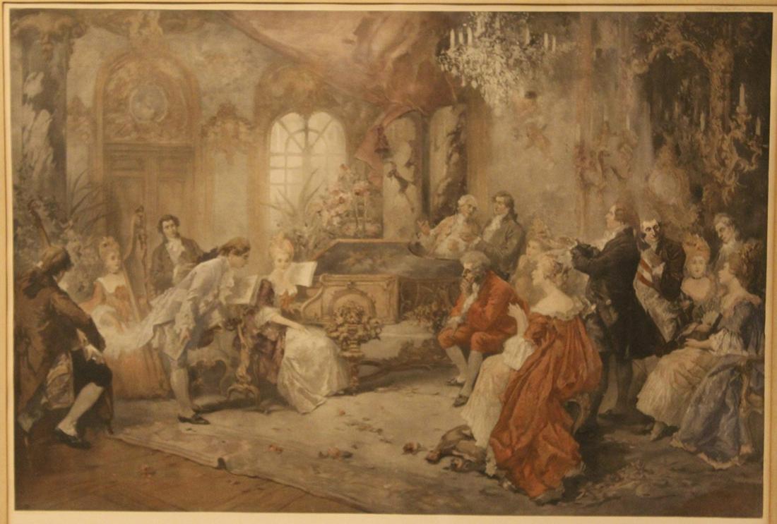 Antique Paredes Print Mozart & Marie Antoinette: "Mozart at the Court of Marie Antoinette" by Vincete Garcia De Paredes. "Copyright by Stehli Freres, Editeurs, Zurich, Switzerland" upper right margin corner; "V. DE PAREDES PINX" lower left. Antique 