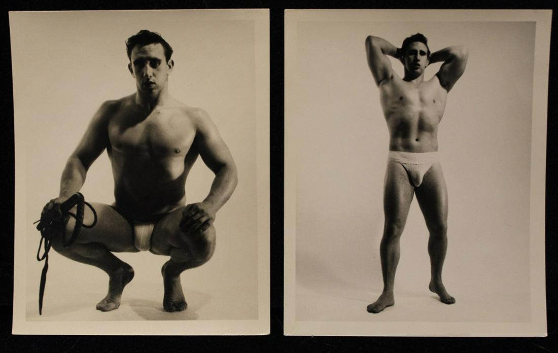 Bruce of Los Angeles Male Nude Physique Photos: Two vintage 1950's photographs of model Bob Kappel; one wearing a posing pouch and holding bullwhip and one wearing a jockstrap . Each stamped "Bruce 2595-3" and "Bruce 2595-12" to reverse. Good sharp