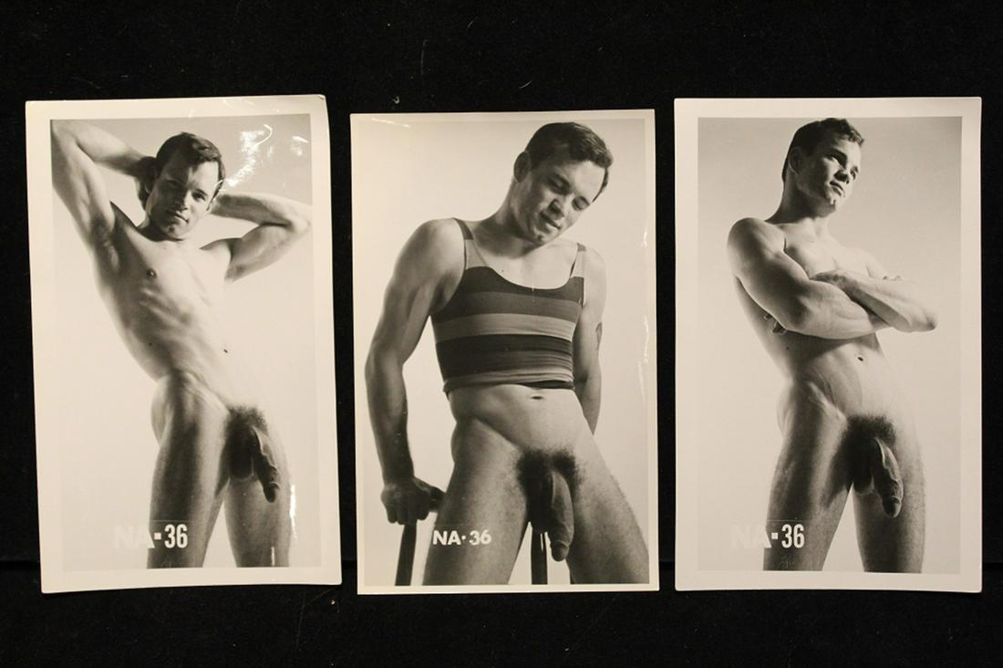 Vintage J Brian/ Calafran Male Nude Photographs: Set of 3 vintage 1960's photographs of nude model "George" by Calafran Studio. Good sharp images printed on gloss paper (in negative inventory numbers lower left). Excellenyt condition. 5" x 7" each.