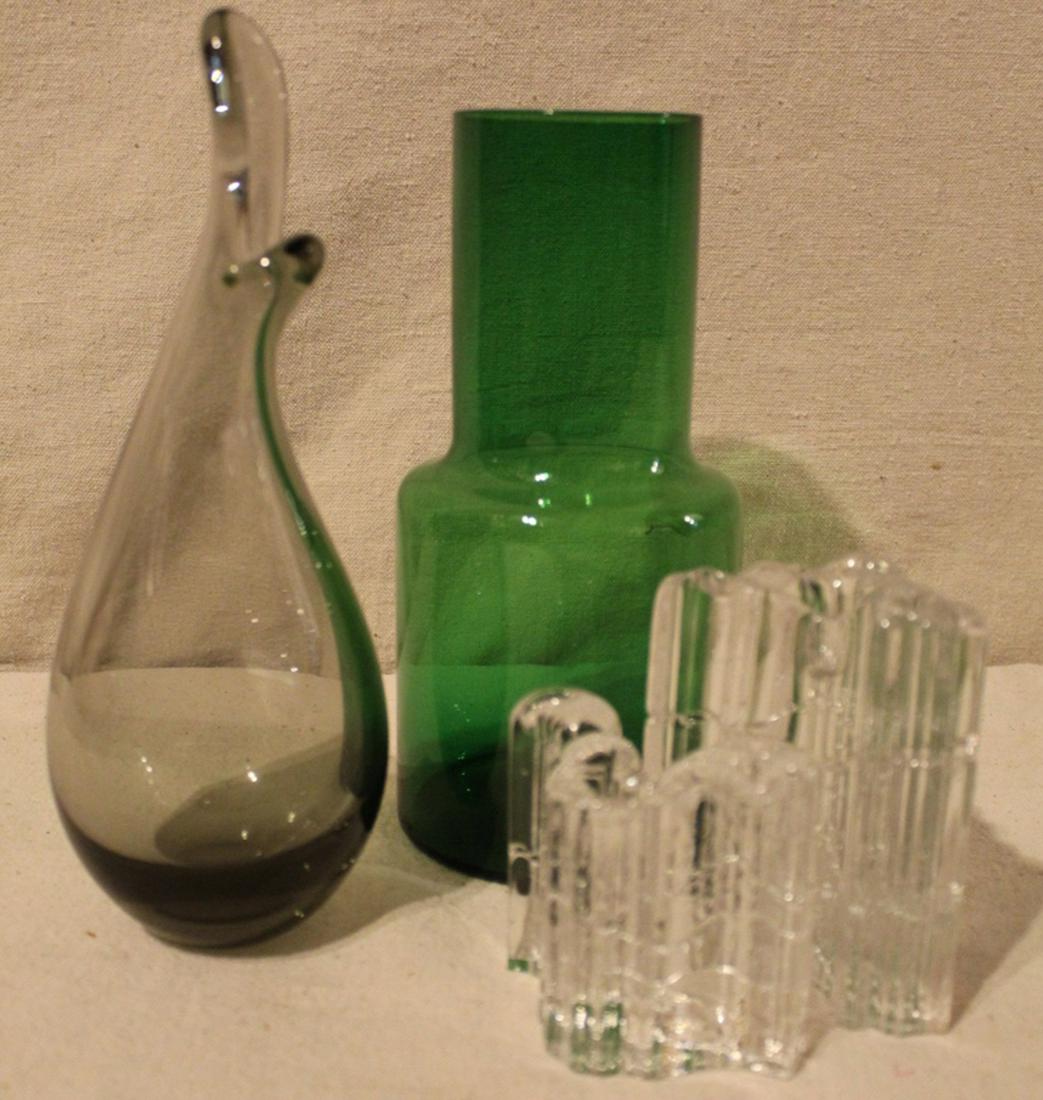 Group Mid Century Modern Glass: Group of mid century modern vases and candlestick holders: Per Lutken for Holmegaard vase, Japanese green vase, and Rosenthal Studio Linie "Inca" candlestick holders. All pieces in good general condit