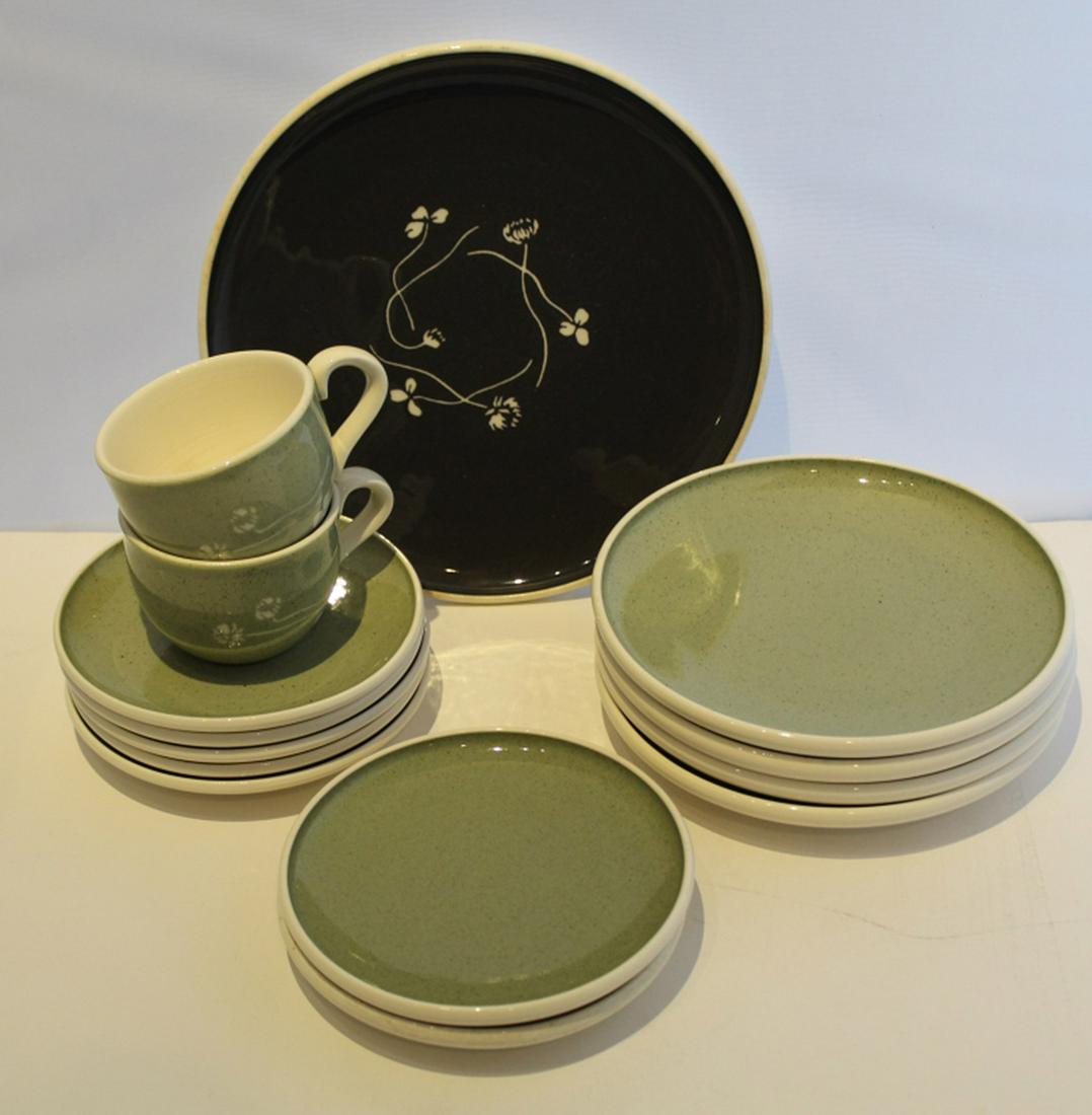 Russel Wright Harkerware Pottery Dinnerware: Includes 1 clover dinner plate, 4 salad plates, 2 bread plates, 5 saucers, and 2 clover cups (1 with light interior crazing stain). Good condition with light signs of use, no chips/ cracks, etc.