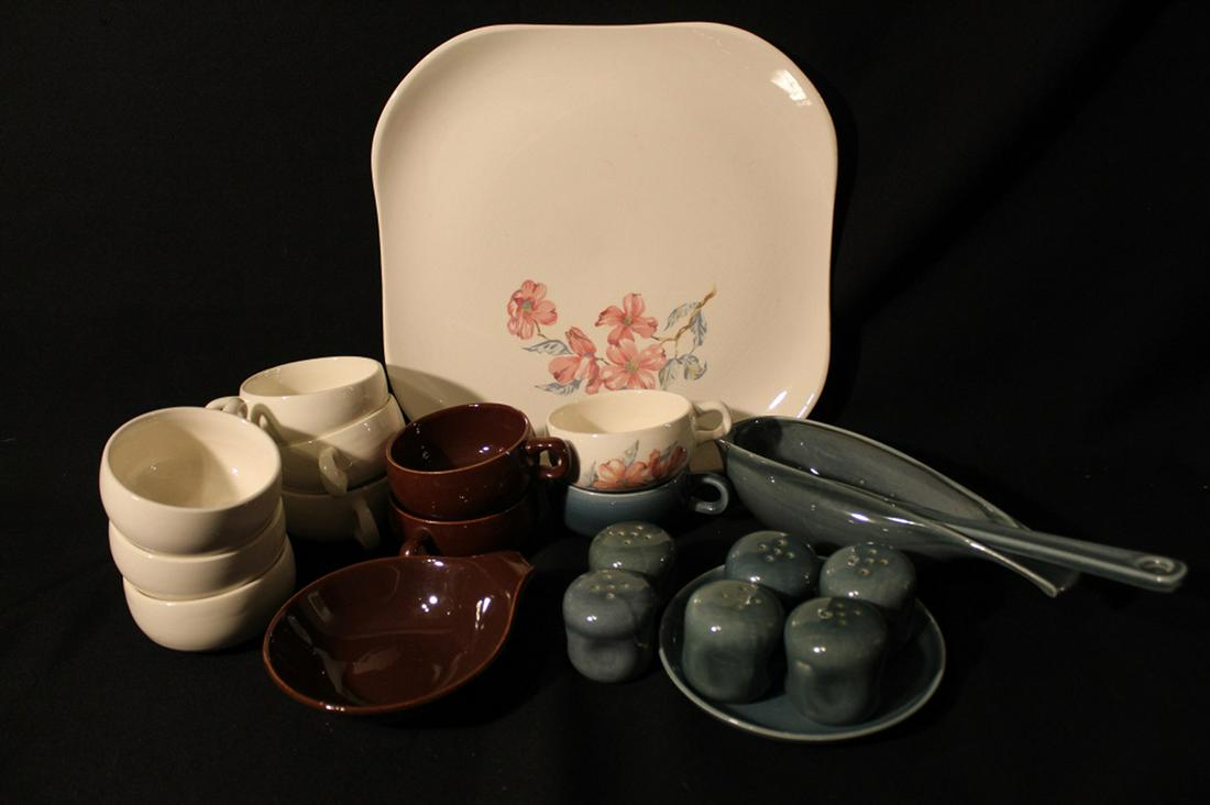 Russel Wright American Modern Dishware / Serving: Includes 6 white cups, 1 turquoise cup, 2 reddish brown cups, 1 reddish brown lug bowl, 6 turquoise salt/ pepper shakers, 1 turquoise gravy boat, 1 turquoise large serving spoon, 1 turquoise bread pla