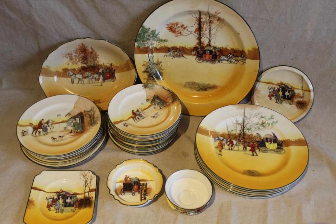 Vintage Royal Doulton Coaching Days Plates Etc.: Includes 6 dinner plates, 6 salad plates, 1 plate, 13 dessert plates, 13" platter, serving bowl, trivet, 2 small bowls, and square plate. Various signs of age, use, wear, etc.