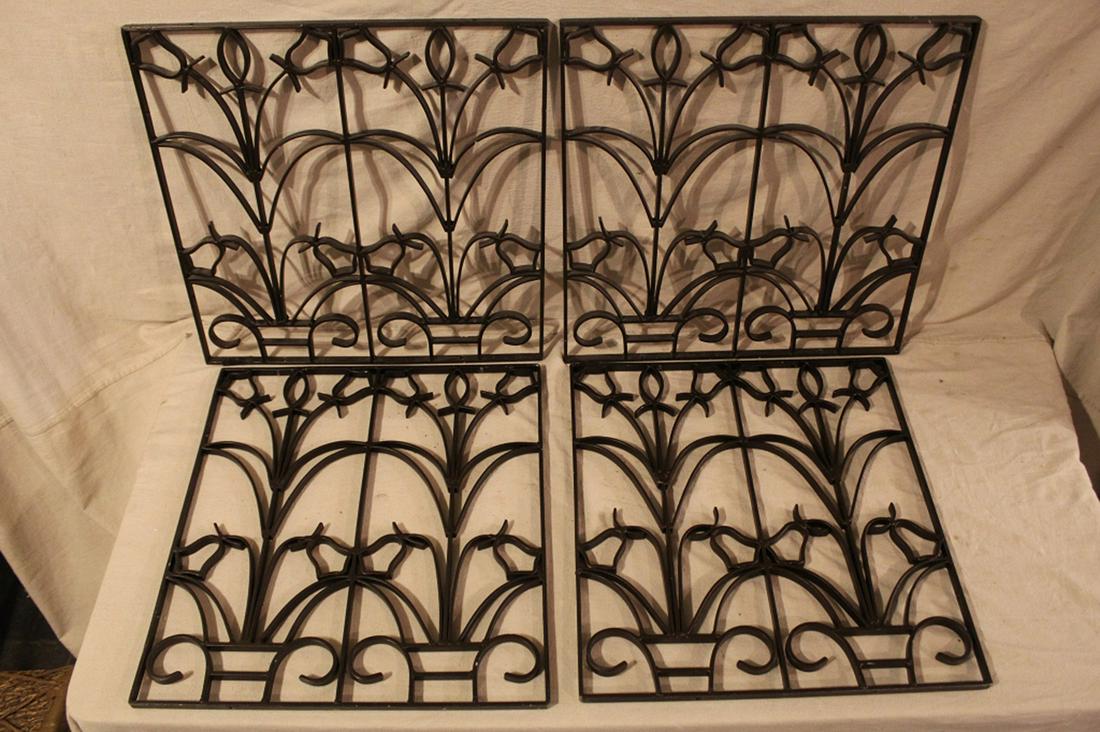 Wrought Iron Architectural Railing Panels: Set of 4 matching design panels constructed of heavy flat bars. Bronzed painted finish. Two panels 23.75" W x 23.75" H; one panel 21.75" W x 23.75" H; one panel 22" W x 23.75" H.