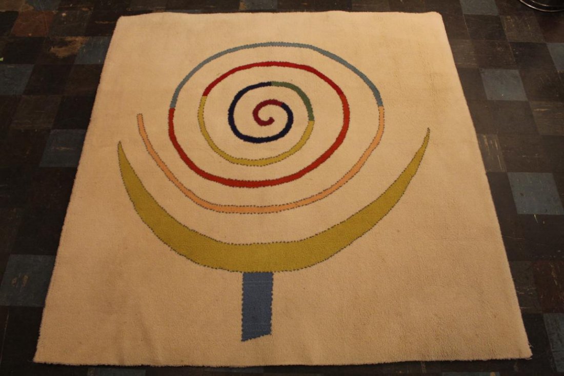 Mid Century Modern Wool Area Rug Spiral Design: Mid century modern square wool area rug with spiral multicolor design at center. In good condition witn occasional small stain spots. Dimension 78"W x 79"D.