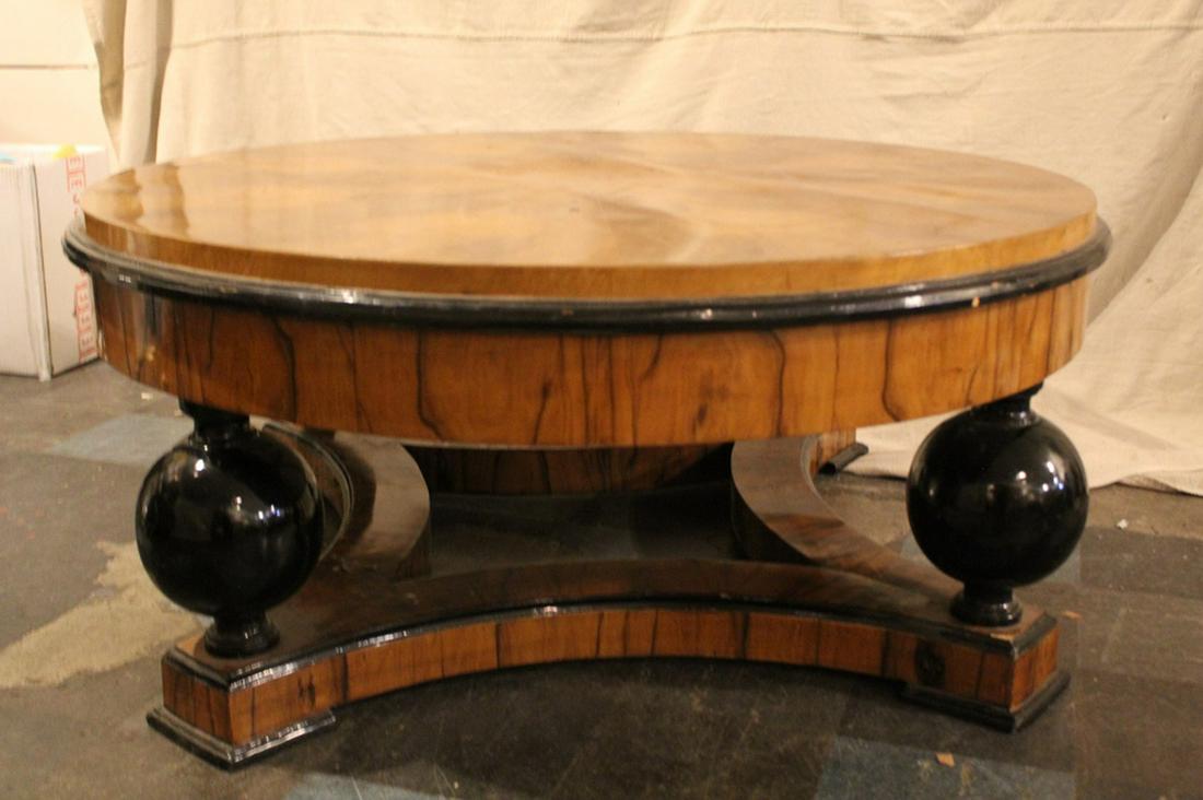 Vintage Art Deco Coffee Table: Vintage 1930's rounf coffee table on ebonized ball legs. Radiating book-matched veneer top. Excellent condition 47" diameter by 20"h.