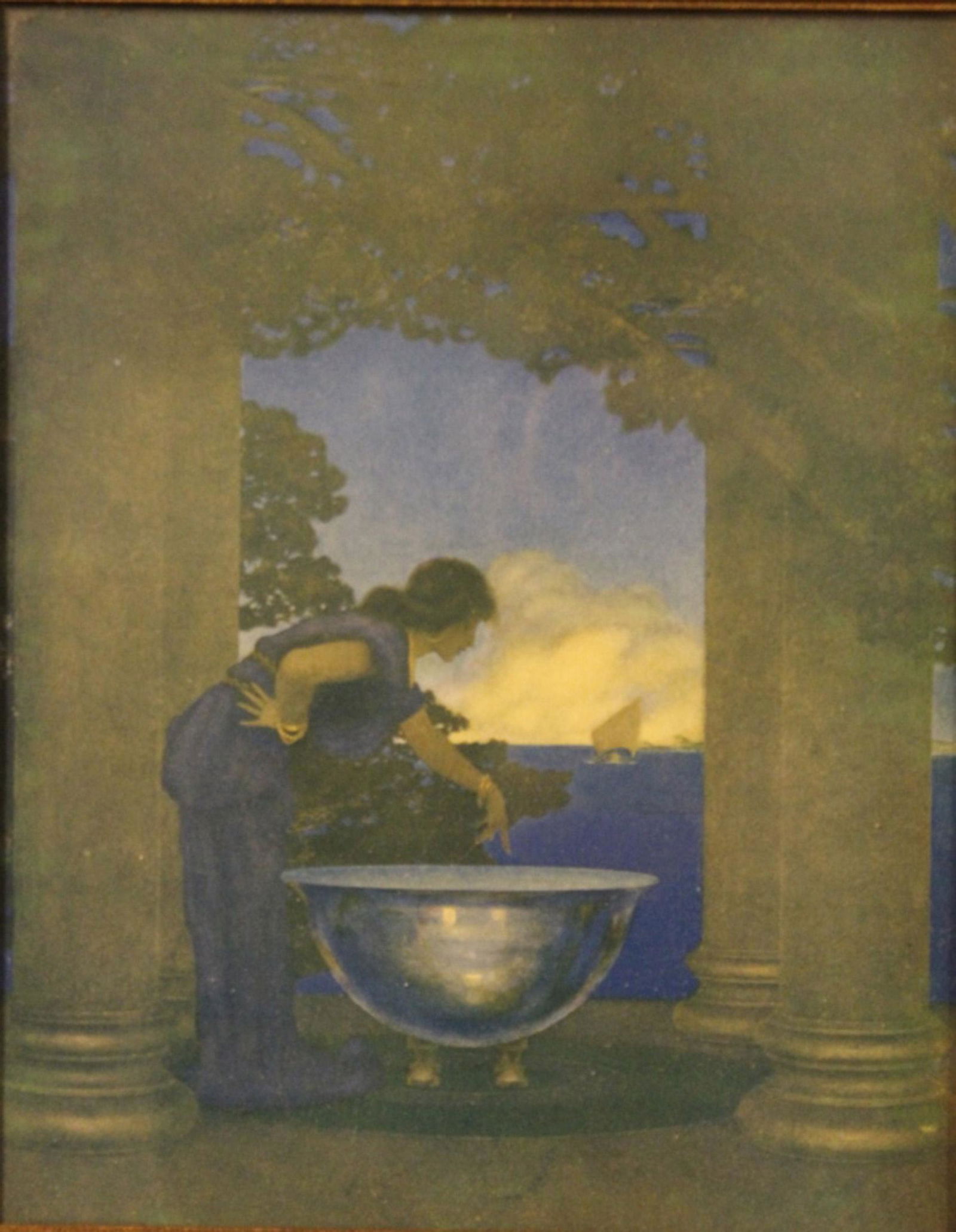 Vintage Maxfield Parrish Print Circe's Palace: Vintage Maxfield Parris print of Circe's Palace in vintage frame. Print is not glued down and is in good overall condition. Dimension of print approximately 9"W x 11"H; frame 9 3/4"W x 12"H.