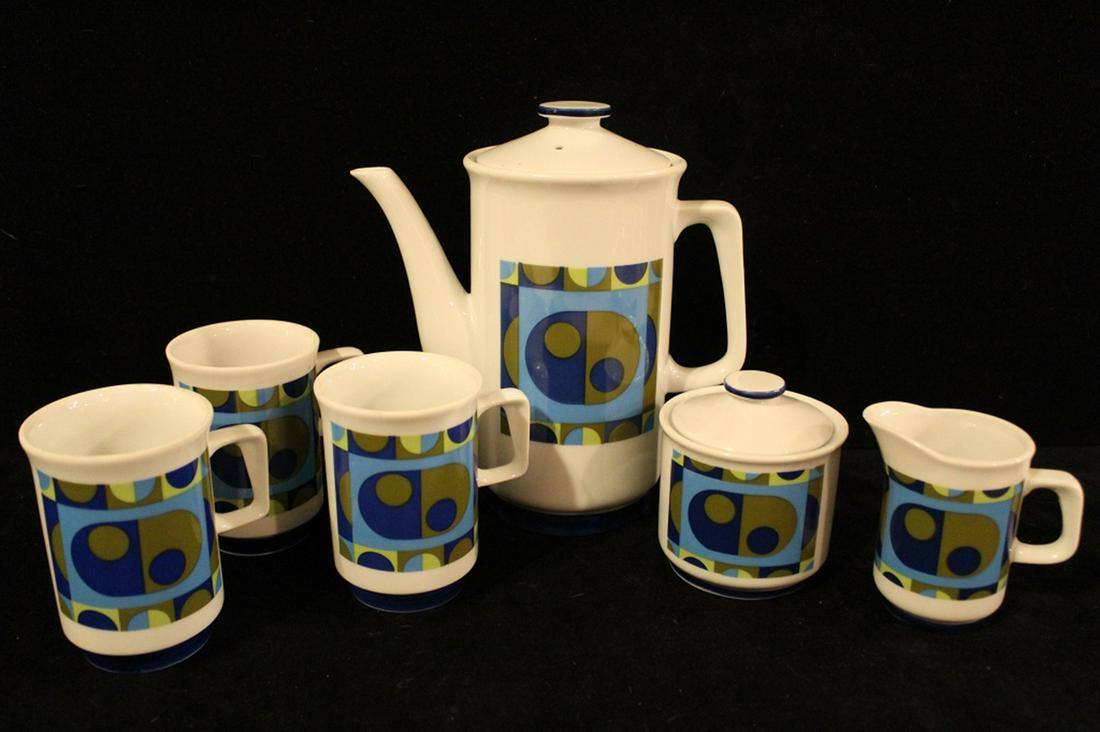 70s Mod Japanese Porcelain Coffee / Tea Set: Includes teapot (8.5" H), creamer, sugar, and 3 cups. Unmarked. All excellent condition; some glaze flaws.