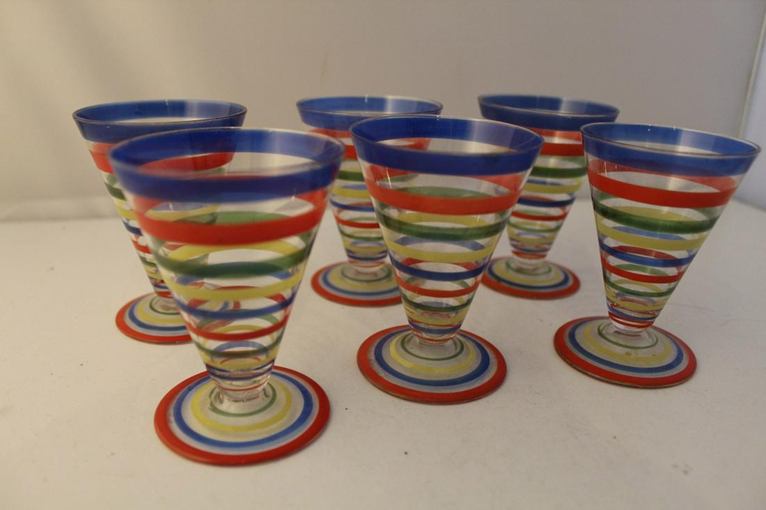 Vintage Czech Art Deco Bar Cocktail Glasses: Set of 6. Hand painted with graduated stripes to sides and bases. Acid etched Czechoslovakia marks. Excellent condition. Circa 1920's/ 30's. 3 3/8" H x 2 1/2" dia.