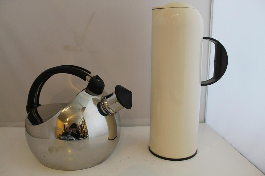 Carlo Giannini Kettle & Rosti Coffee Carafe: (1) Stainless steel with black plastic. Marked to base. 2 1/3 quart. Excellent near new cosmetic condition; slight bend to spout. (2) Rosti 8 cup coffee carafe. Made in Holland. Excellent cosmedic con