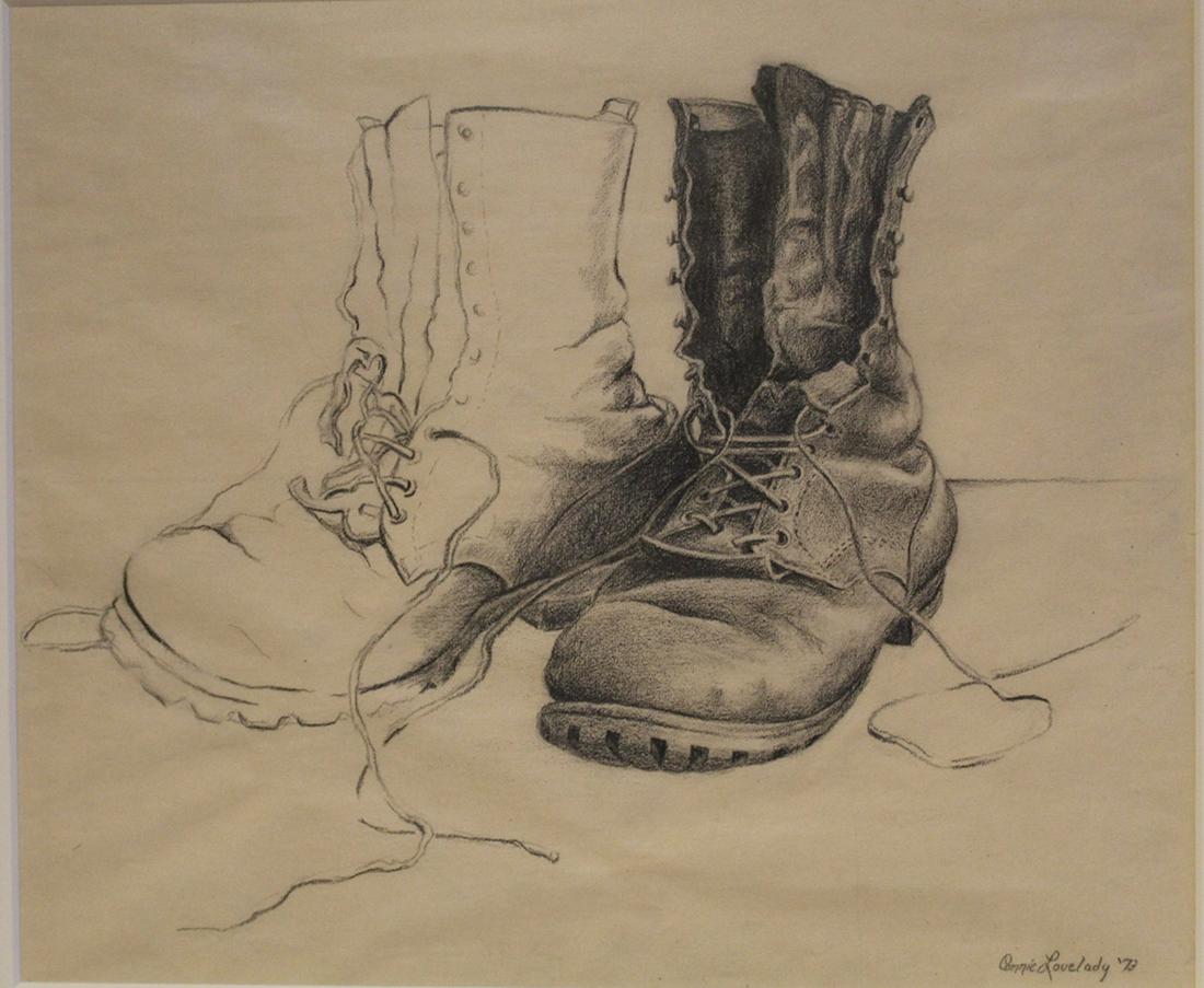 Connie Lovelady (Wa.) 1973 Pencil Drawing: Still life of work boots. Signed and dated '73 lower right. Early Davidison Galleries (Mercer Island) label to reverse. Appears in excellent condition; not examined out of frame. 7.75" x 9.25" mat ope