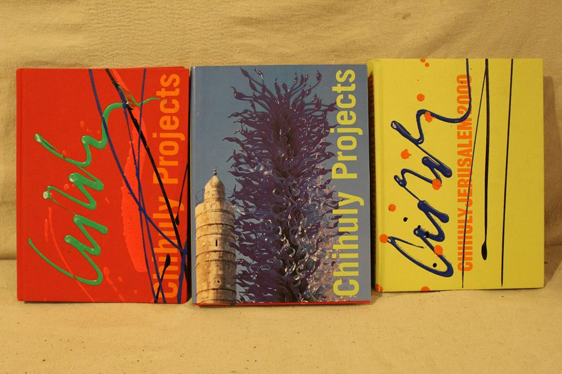 Group of Three Dale Chihuly Paint Signed Books: Group of three Dale Chihuly books with paint signed covers: Chihuly Projects with book cover; Chihuly Porjects without cover; Chihuly Jeruselum 2000. All three are 1st Edition, hardbound copies and si