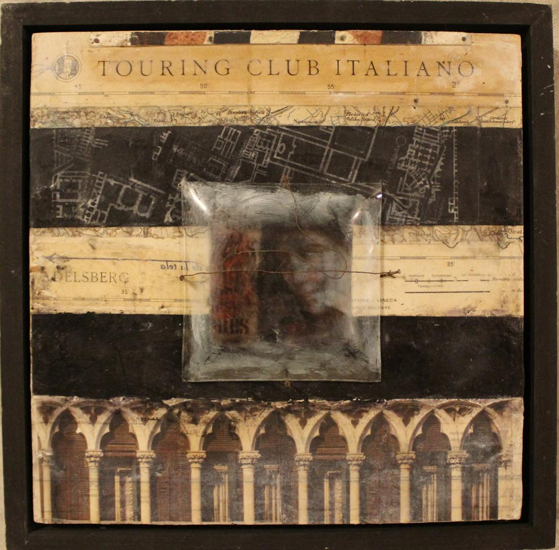 Encaustic Mixed Media Assemblage / Collage: Wax, paper, glass, nails, wire. 10" x 10" artwork; 11.5" x 11.5" frame.