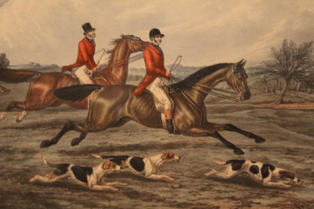 Antique Henry Alken Fox Hunting Print: "The Right and the Wrong Sort or a Good and Bad style of going across County.". Fore's Hunting Sketches Plate 1. Hand colored . Engraved by J. Harris. Good colors with minor toning in areas. 19" x 25.