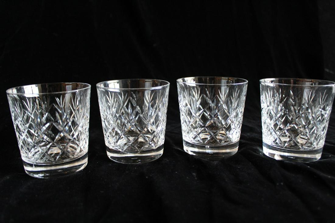 Four Irish / English Cut Crystal Whiskey Glasses: Set of four Irish / English vintage cut crystal whiskey glasses. "S: mark on bottom. All glasses in very good condition. Dimension approximately 3" diameter x 3"H