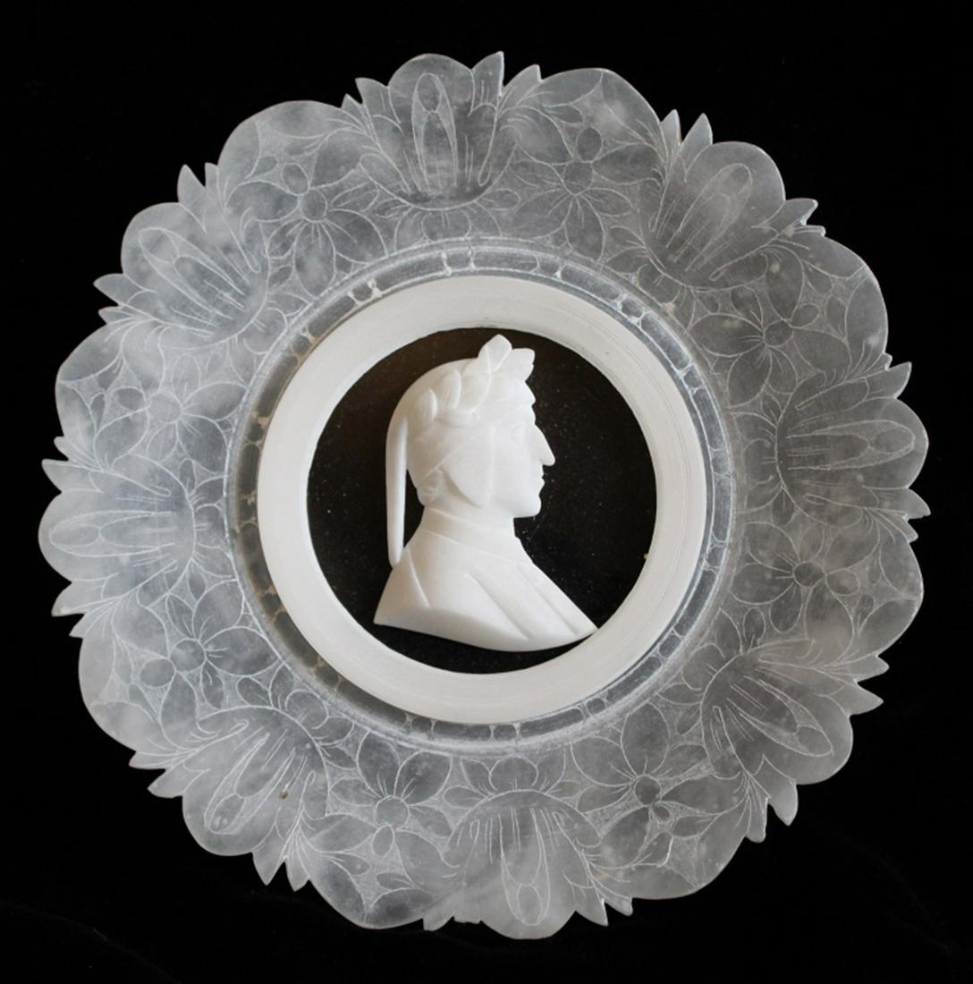 Antique Grand Tour Albaster Dante Alighieri Plate: Grand Tour hand carved alabaster plate inset with profile of Dante Alighieri, circa 1820's. Vey good condition; small break loss to point detail to edge below cameo. 7" dia.