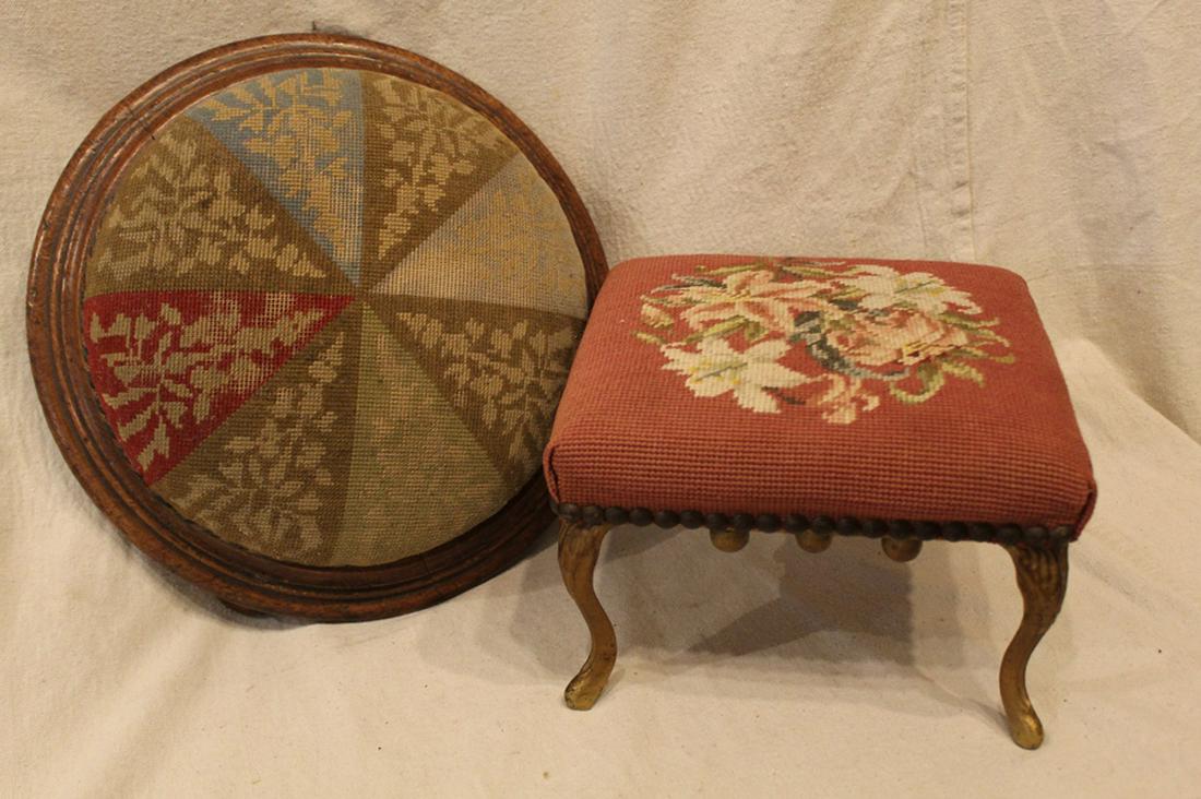 Lot of Two Vintage Needlepoint Footstools: Lot of two vintage needlepoint covered footstools. Both in good overall vintage condition. Dimension square stool 10" x 10" x 6 1/2"H; round stool 14" diameter x 4"H.
