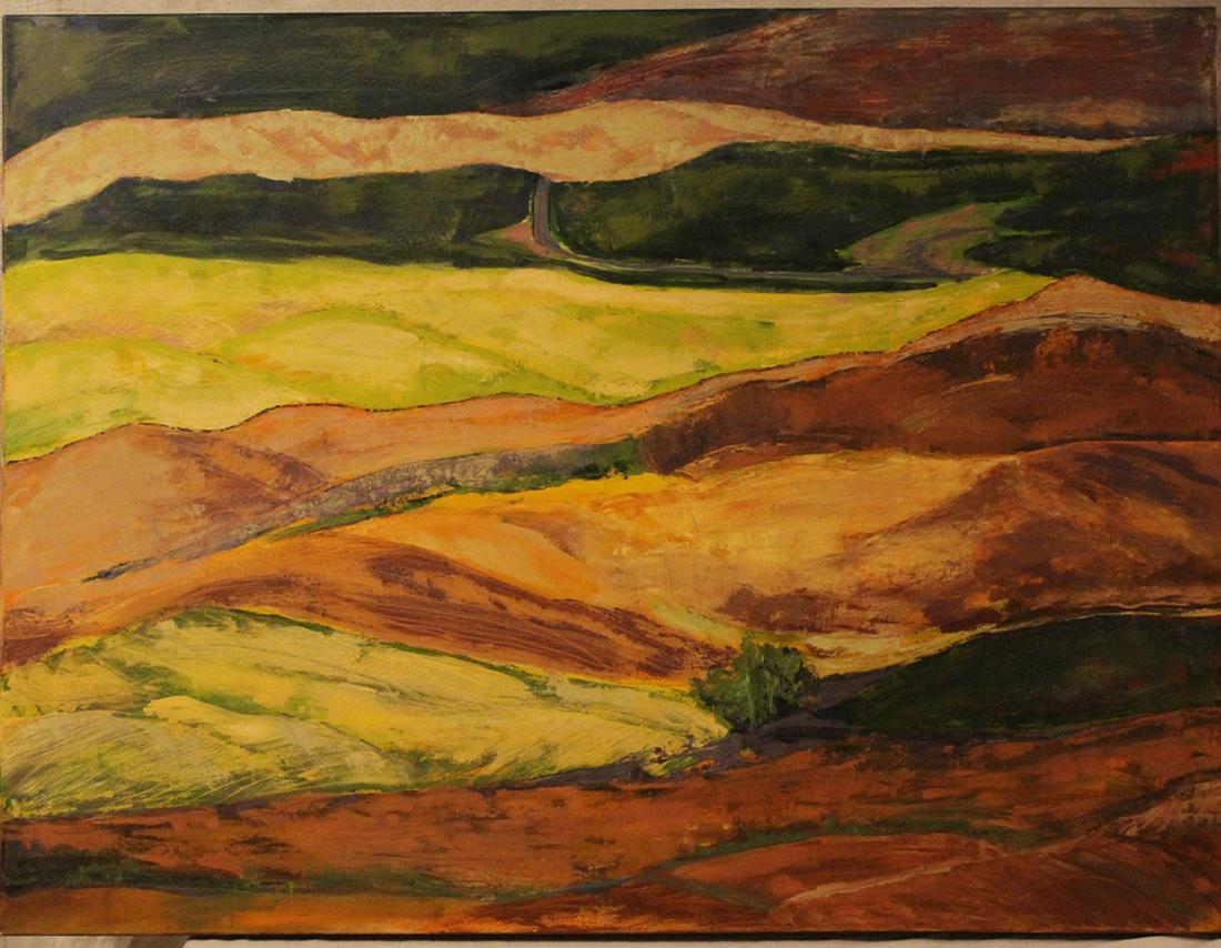Carol Ross (Wa.) Oil on Canvas: "From Steptoe Butte"' 2011. Abstract landscape with distant highway. Titled, signed, and dated in pen to reverse. 36" x 48".